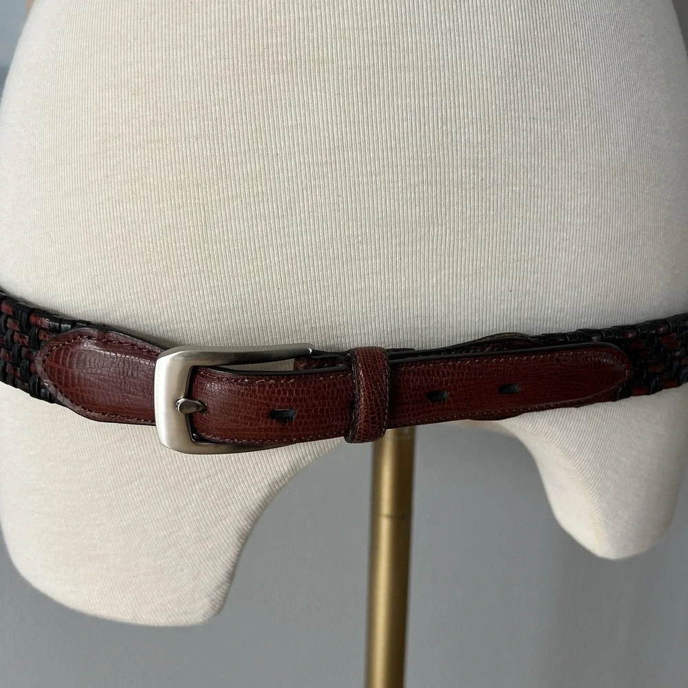 1980's Vintage Woven Leather Belt Black Brown Faux Snakeskin Sz 38 Boho Retro